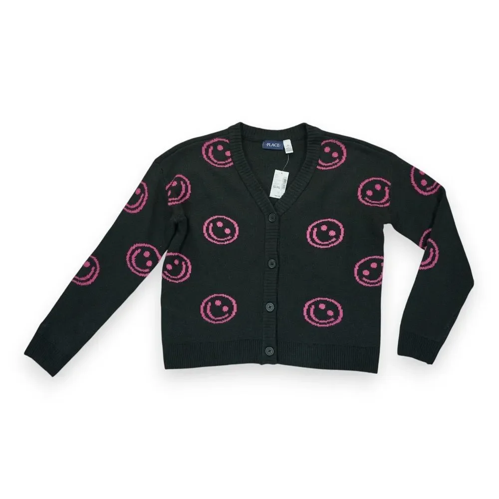 NWT Place Knitted Cardigan Sweater V- Neck Black Pink Smiley Girls Size XXL